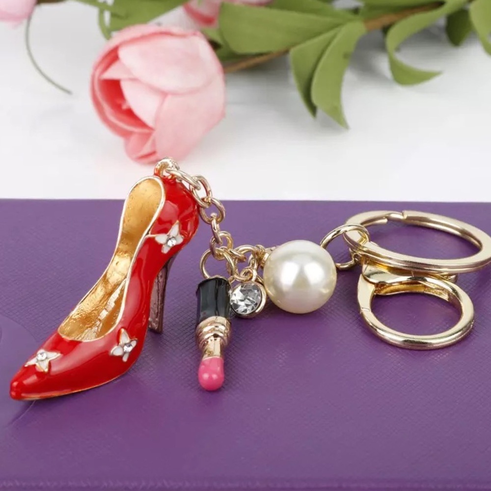 Glam Keychain with Red High Heel Shoe and Lipstick Charm